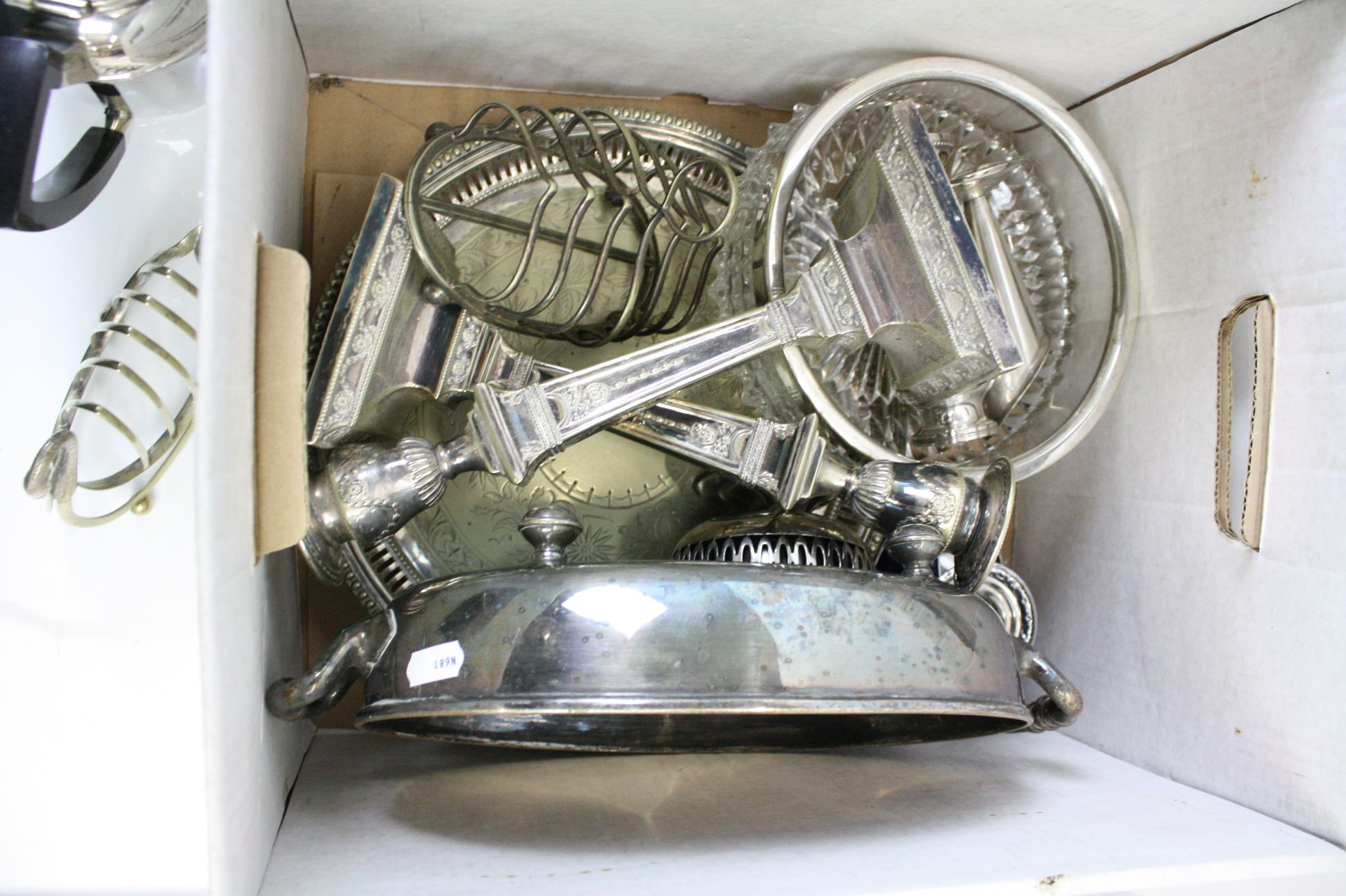 A large quantity of silver plated items contained within two boxes to include candlesticks, toast - Image 2 of 7