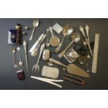 A collection of hallmarked silver and silver plated items to include Thimbles, button hooks, vesta