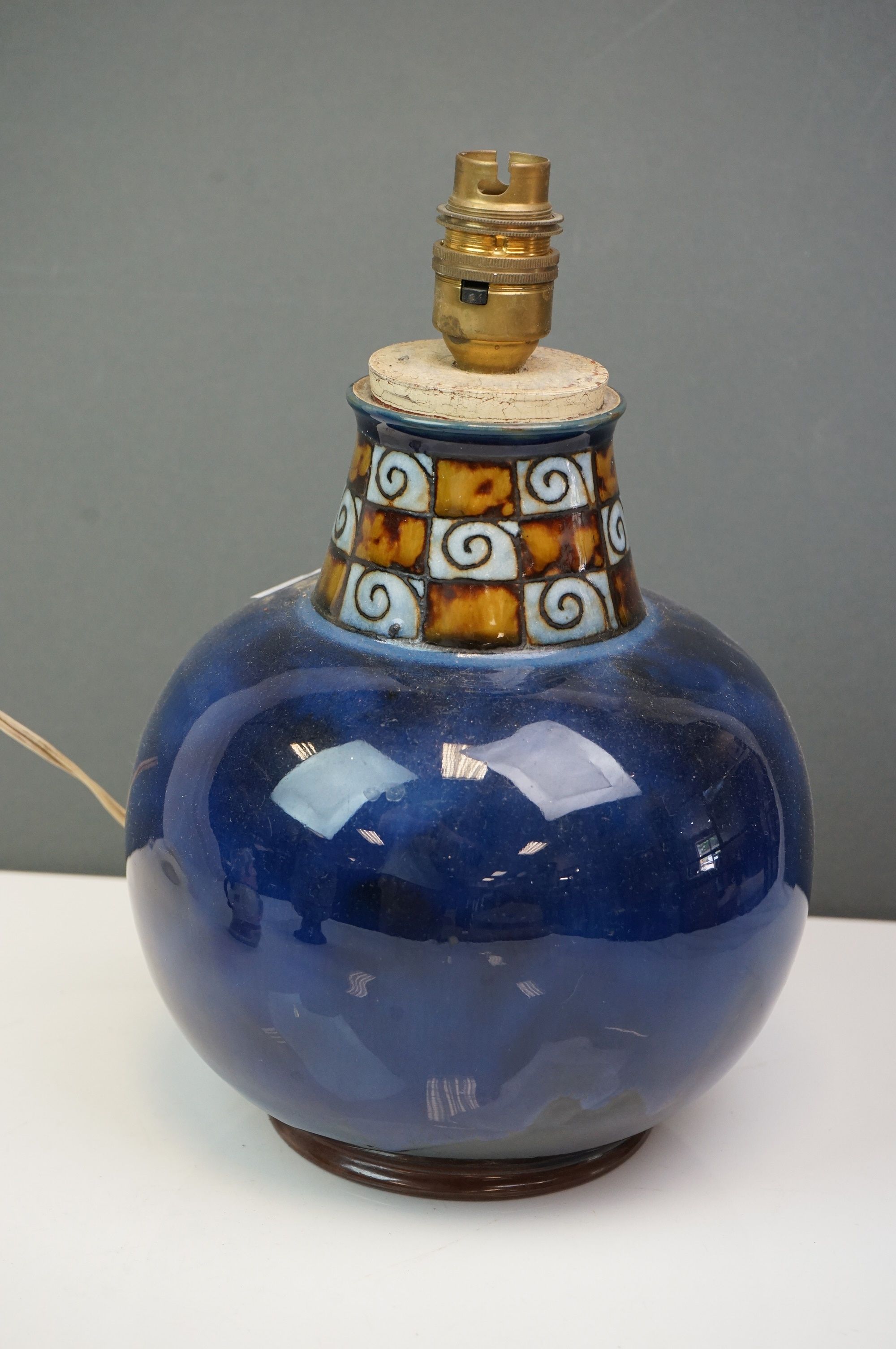 A Doulton blue ground table lamp together with a Doulton Lambeth footed vase decorator M A and a - Image 2 of 10