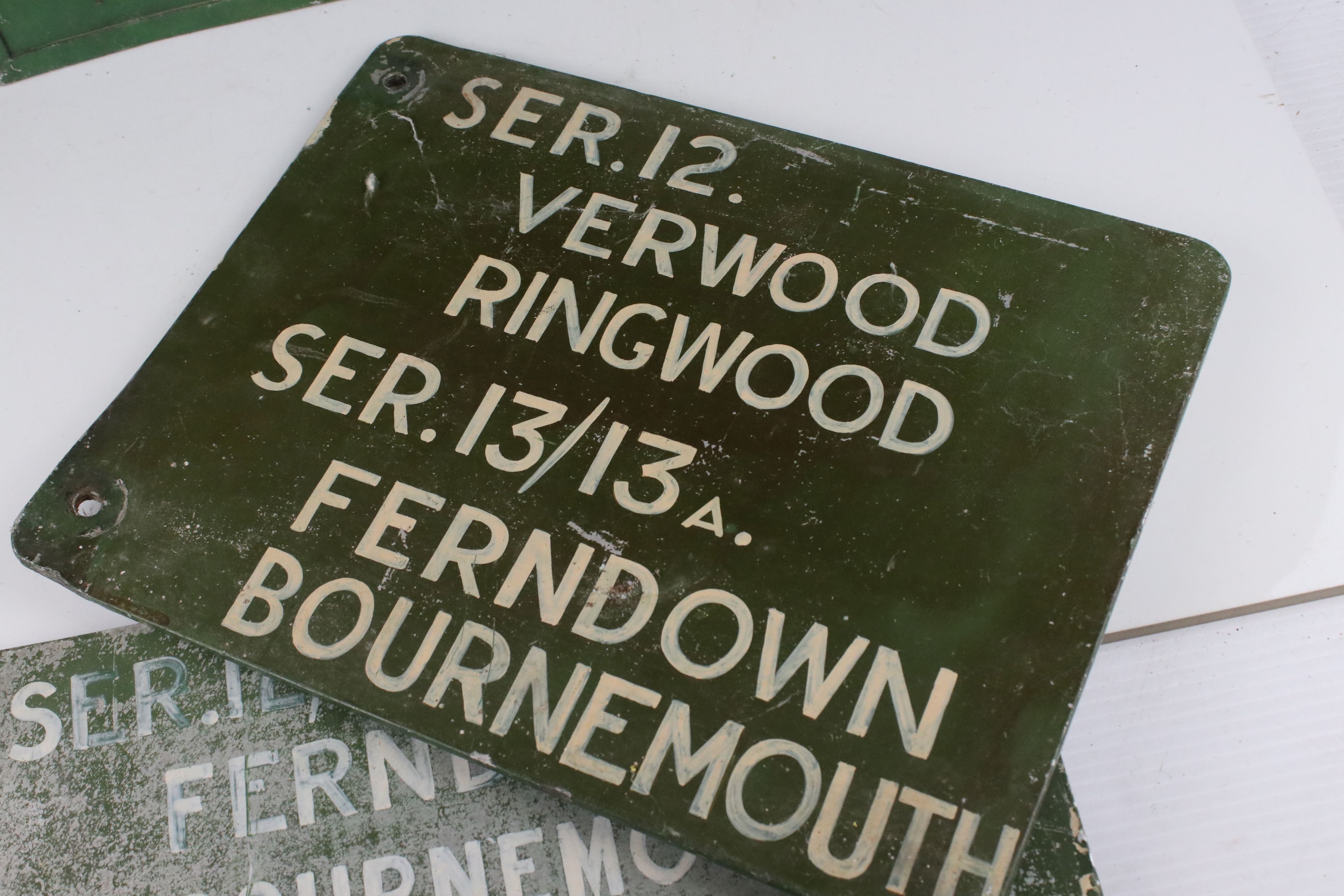 Three Mid 20th century Double Sided Metal Bus Service Signs covering Ferndown, Bournemouth, - Image 7 of 9