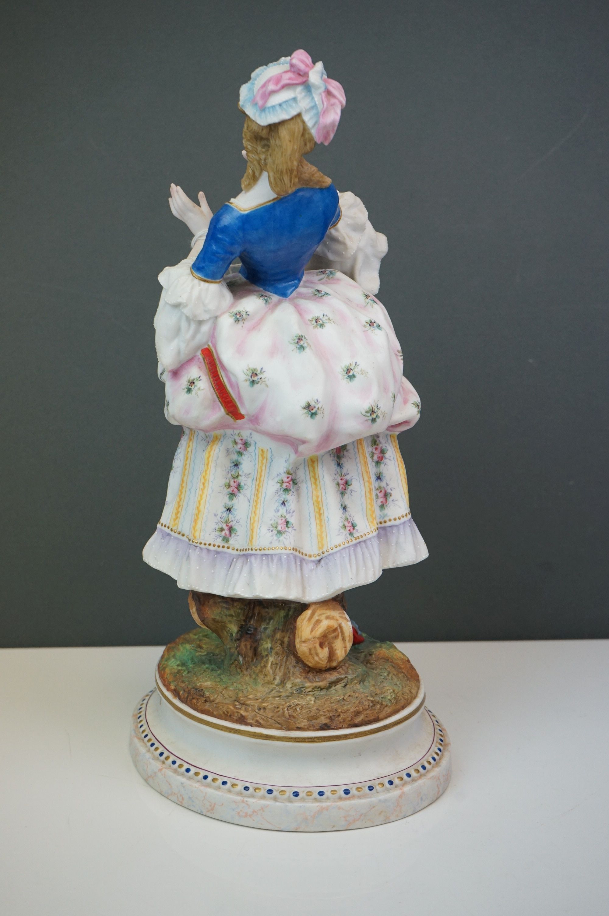 A pair of Continental bisque figures lady and gent in 18th century costume Makers mark AM 35 CM - Image 5 of 5