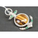 Silver anchor brooch, set with malachite and tigers eye, stamped 925