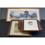 Watercolour portrait of a stylish lady, indistinctly signed, a quantity of sporting prints & one