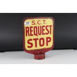 Mid 20th century Cast Iron Double Sided Bus Stop Post Finial Sign ' S.C.T Request Stop ' (Stockton