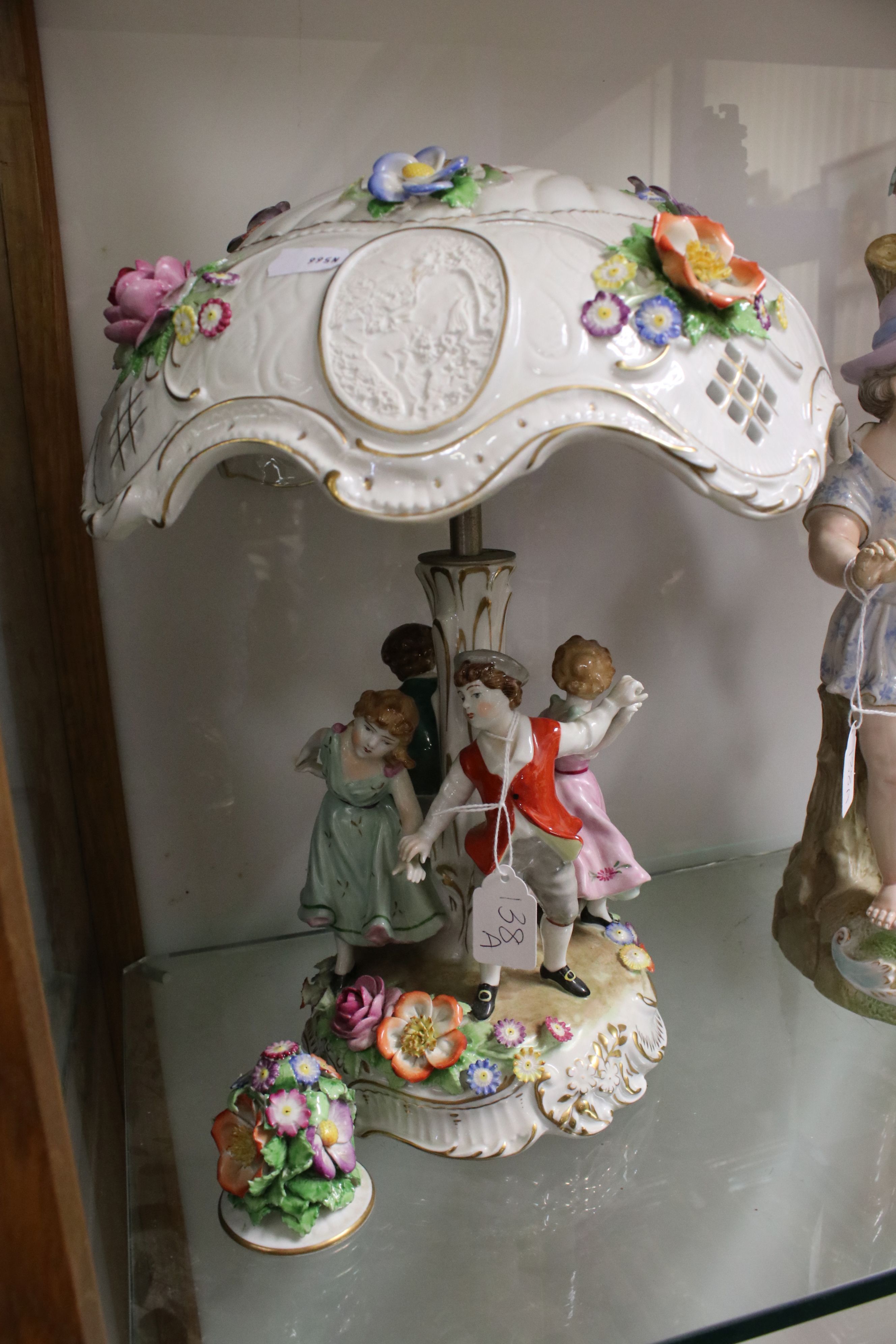 Dresden Porcelain Table Lamp in the form of Four Figures dancing around a tree, with floral - Image 5 of 8
