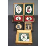 Three framed silhouettes a mid 19th century Deguerre type portrait of man and Three water colour