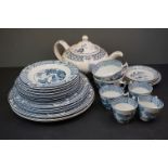 A Blue and white tea set and part dinner service with bird decoration.