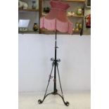 19th century Wrought Iron and Brass Standard Oil Lamp Stand, converted to electricity, with a pink