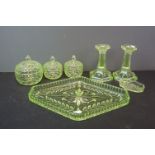 Dressing table vanity set in green, comprising trinket bowls, ring tray, candle holders & tray