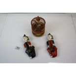 Pair of hand carved, painted wooden far eastern figures, playing instruments, together with a wooden