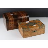 A burr walnut jewelry box with Gothic style brass strapwork and an inlaid antique box.