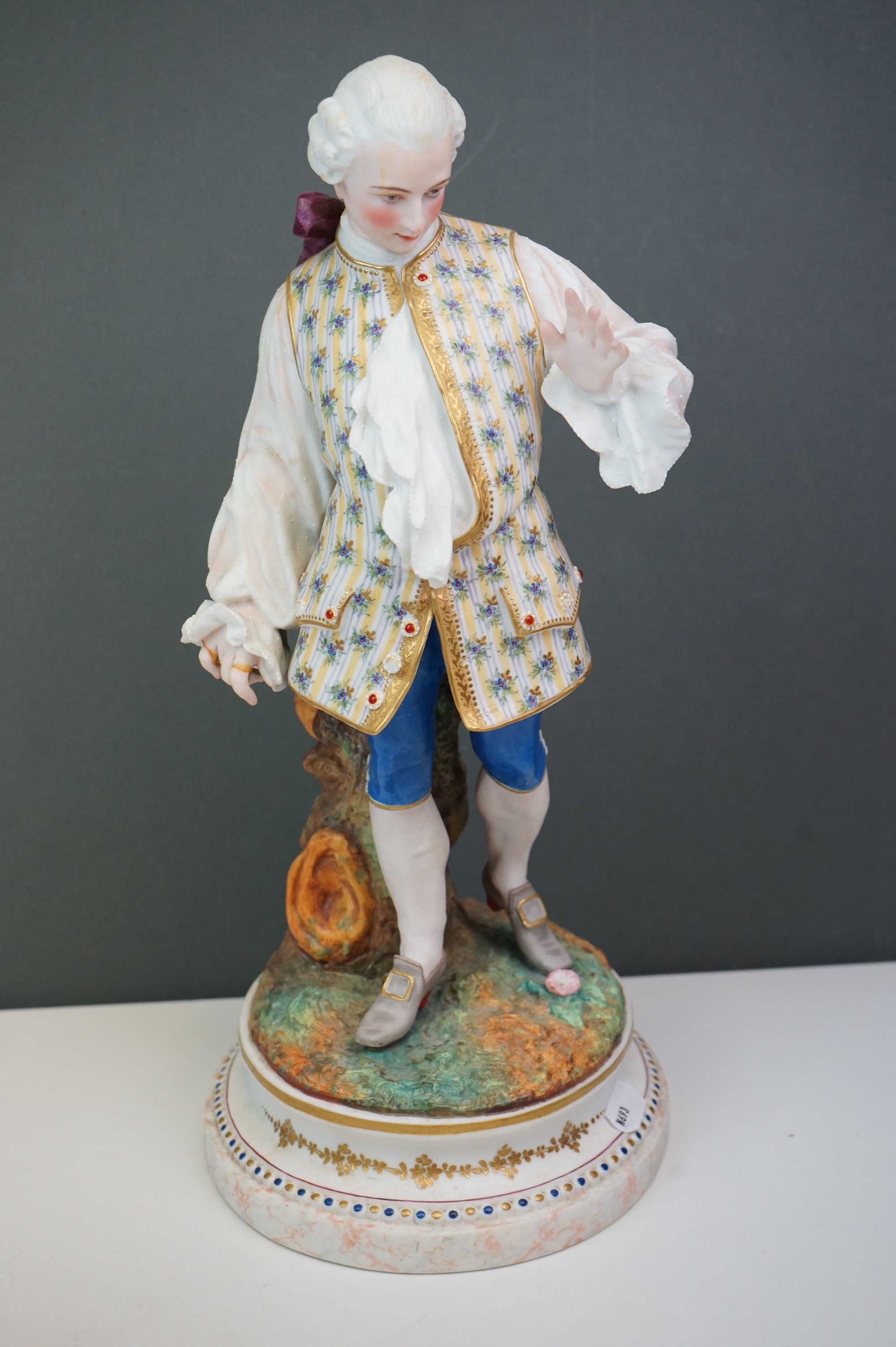 A pair of Continental bisque figures lady and gent in 18th century costume Makers mark AM 35 CM - Image 2 of 5