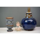 A Doulton blue ground table lamp together with a Doulton Lambeth footed vase decorator M A and a