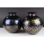 Pair of Brierley Iridescent Bulbous Glass Vases, 22cms high