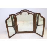 Early 20th century Walnut Swing Shaped Triptych Mirror, with fabric covered back, 75cms high