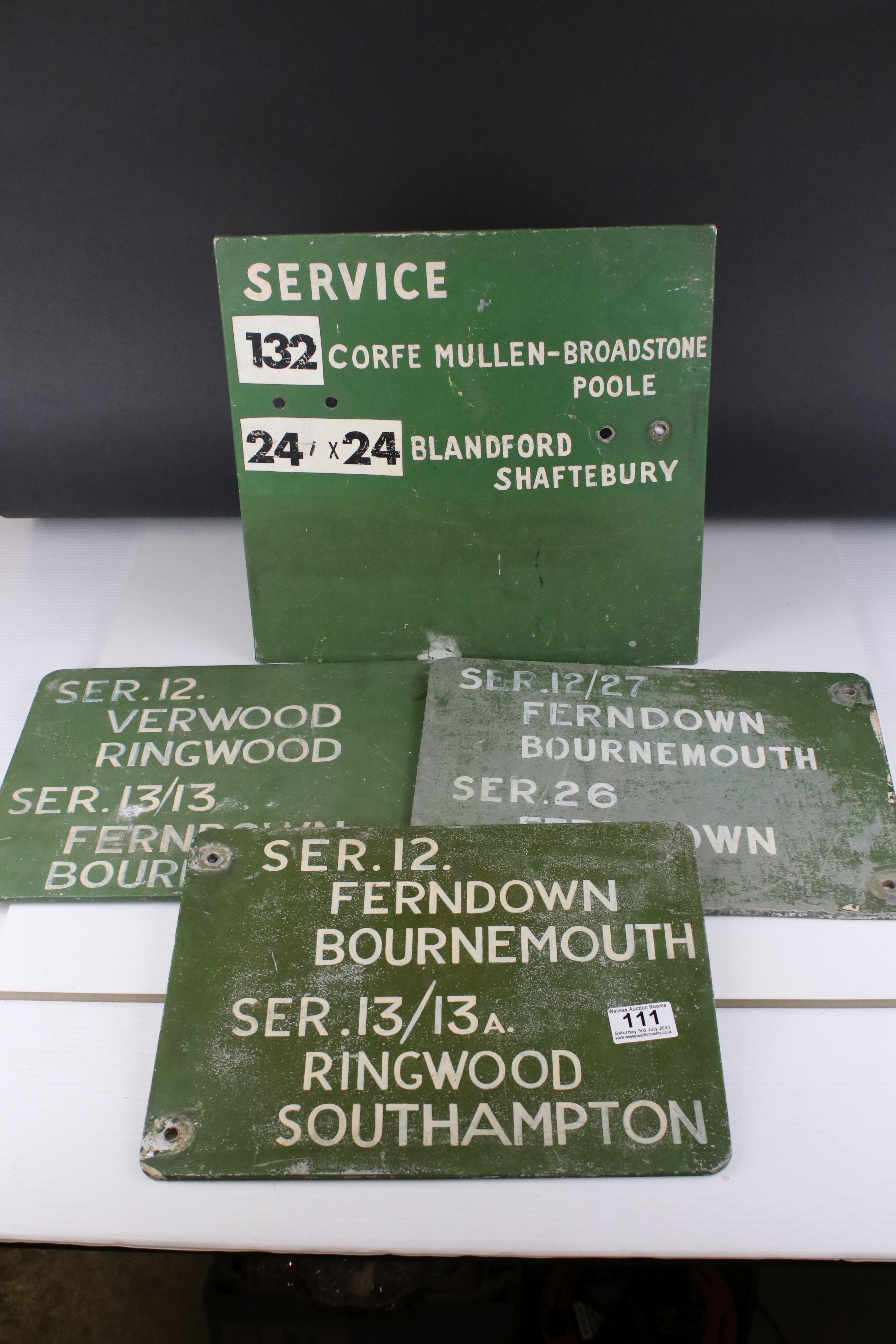 Three Mid 20th century Double Sided Metal Bus Service Signs covering Ferndown, Bournemouth,