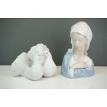 A Lladro bust of a woman in cowl, two doves & a girl feeding birds (3)