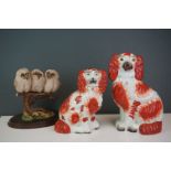 Two antique Staffordshire dogs together with a Country Artists model of three owls on branch.