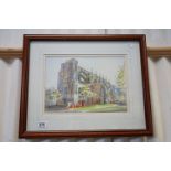 John Clarke late 20th century watercolour of a Cathedral scene with figures.