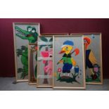 Six framed and Glazed felt pictures of cartoon animals together with a watercolour of an eastern