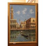 20th century oil on board Venetian scene with gondola with indistinct signature 69 x 49 cm.