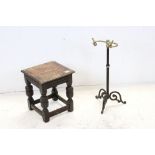 Victorian Cast Iron and Brass Stickstand together with Oak Low Table / Stool
