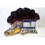 A group of mixed collectables to include a large feather fan, silver plated cutlery and two sets