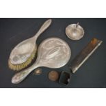 A collection of hallmarked sterling silver to include a dressing table brush and mirror, a ring