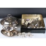Mixed lot of Silver Plate including Tureen, Sauce Boat and Stand, Napkin Rings, Cutlery, etc