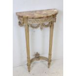 19th century Carved Pine Demi-lune Console Table with Marble Top, 51cms wide x 82cms high