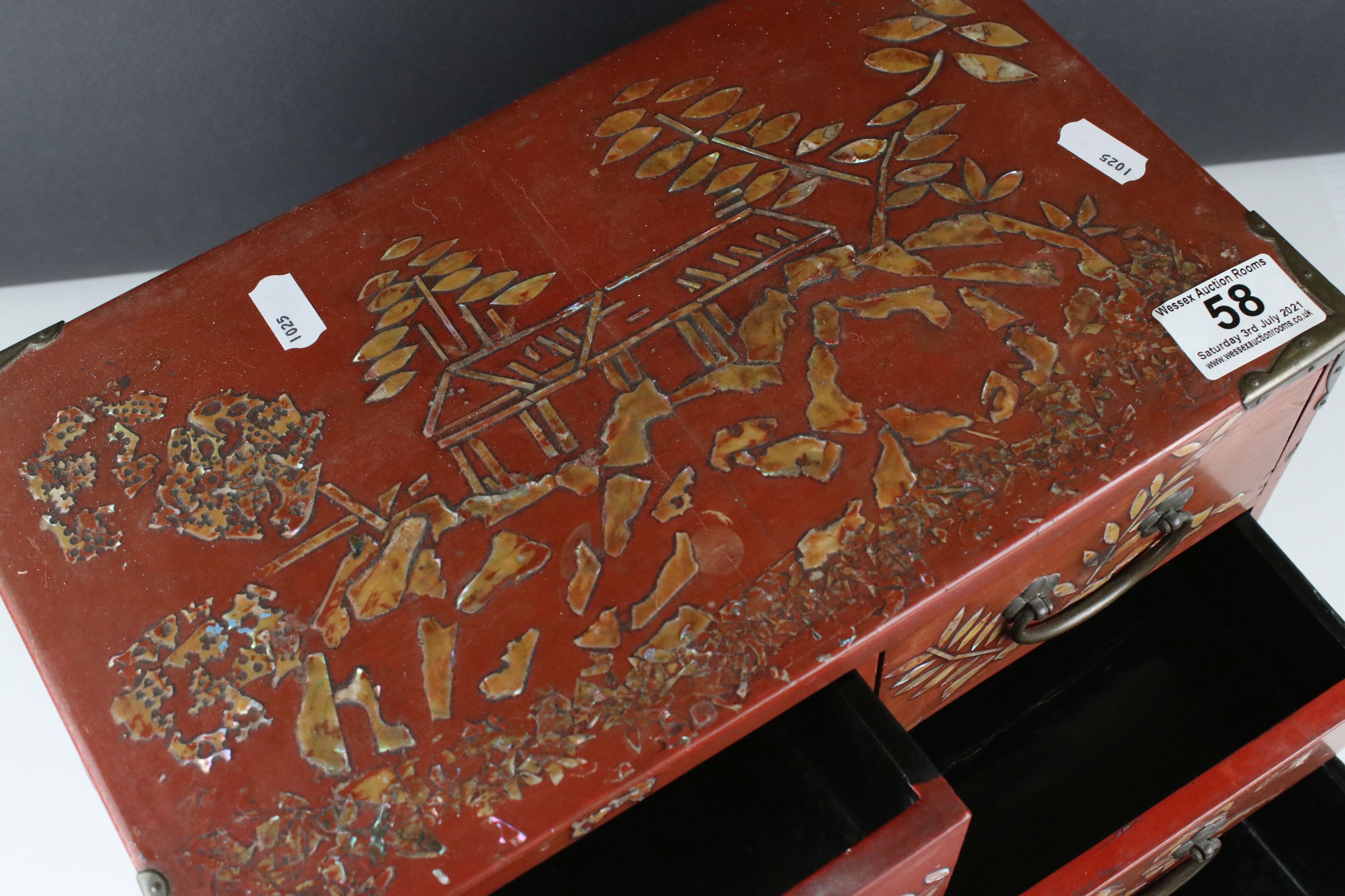 Japanese Red Lacquer and Brass Bound Table Top Cabinet with mother of pearl style decoration, - Image 4 of 7
