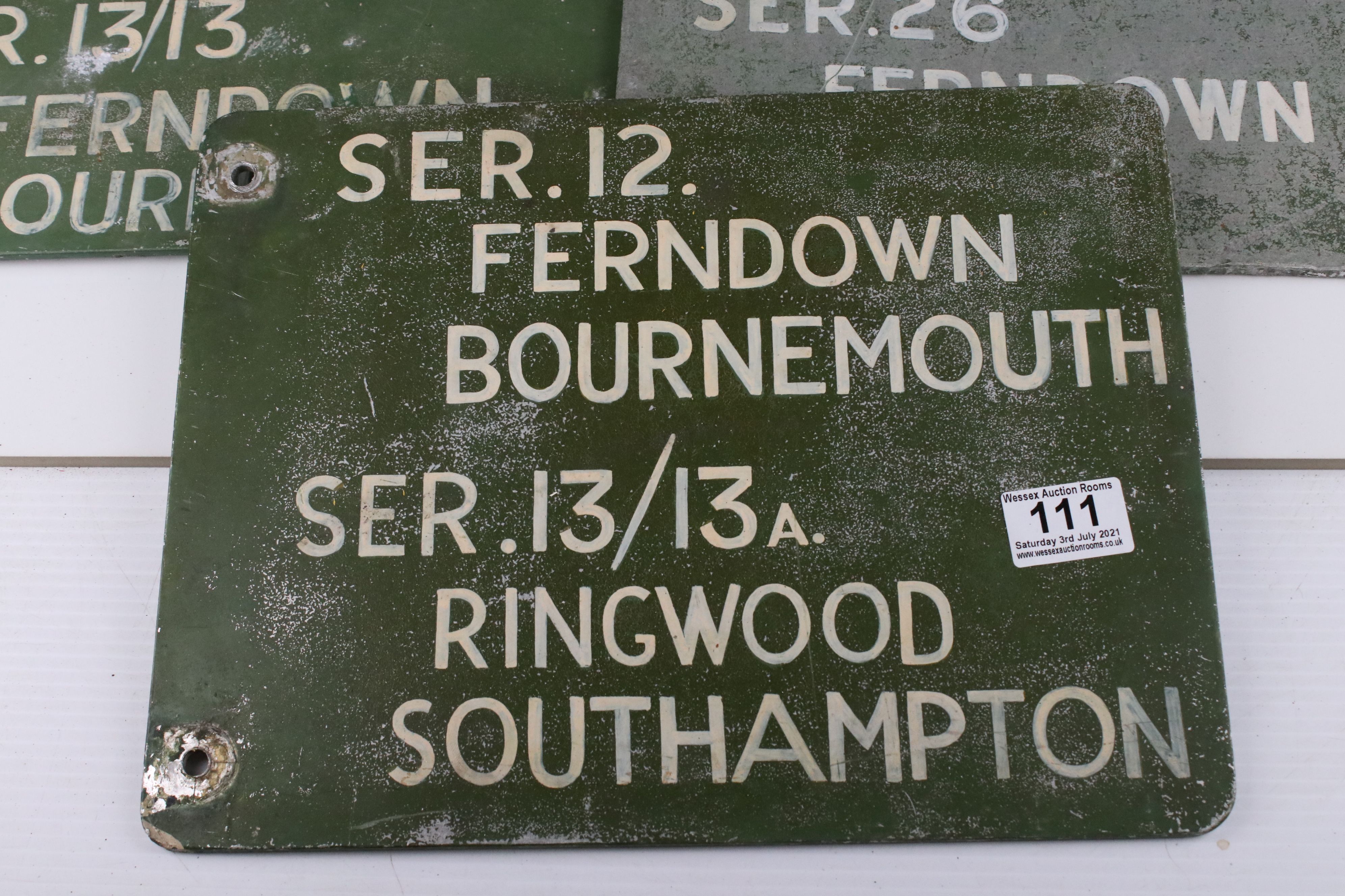 Three Mid 20th century Double Sided Metal Bus Service Signs covering Ferndown, Bournemouth, - Image 2 of 9