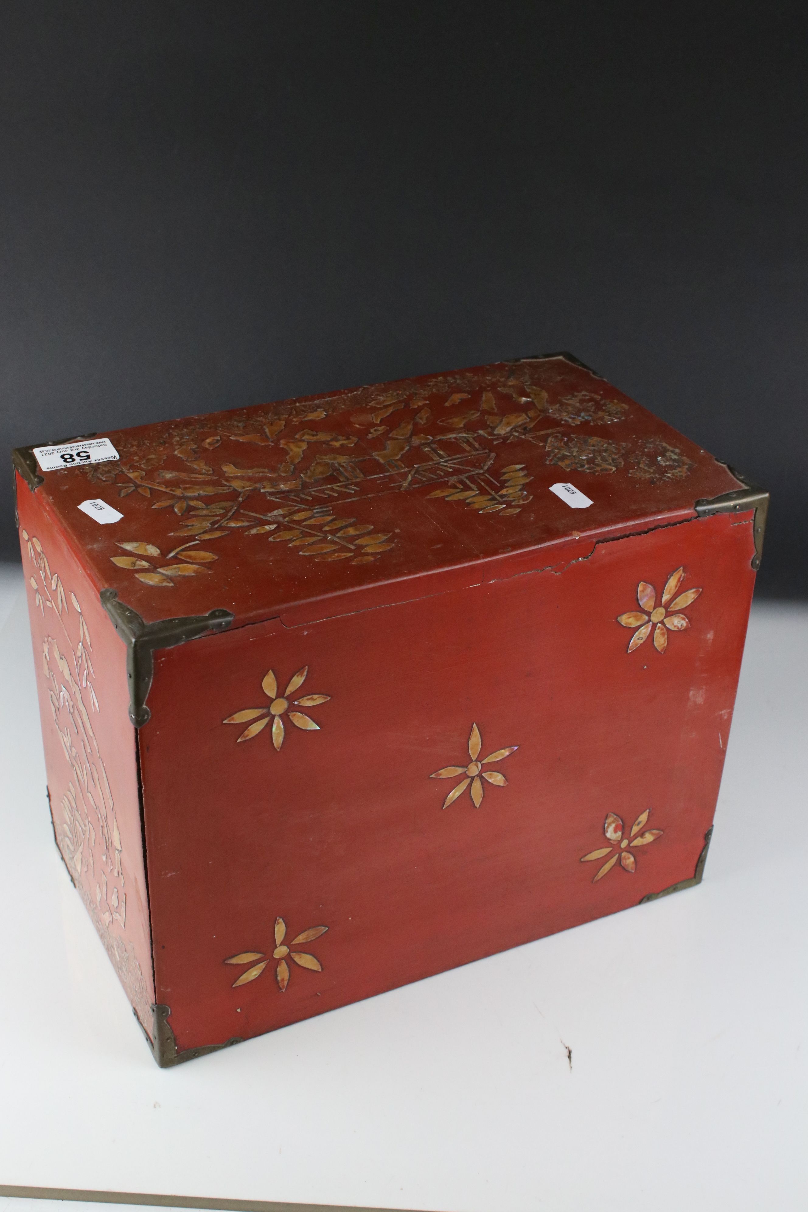 Japanese Red Lacquer and Brass Bound Table Top Cabinet with mother of pearl style decoration, - Image 7 of 7