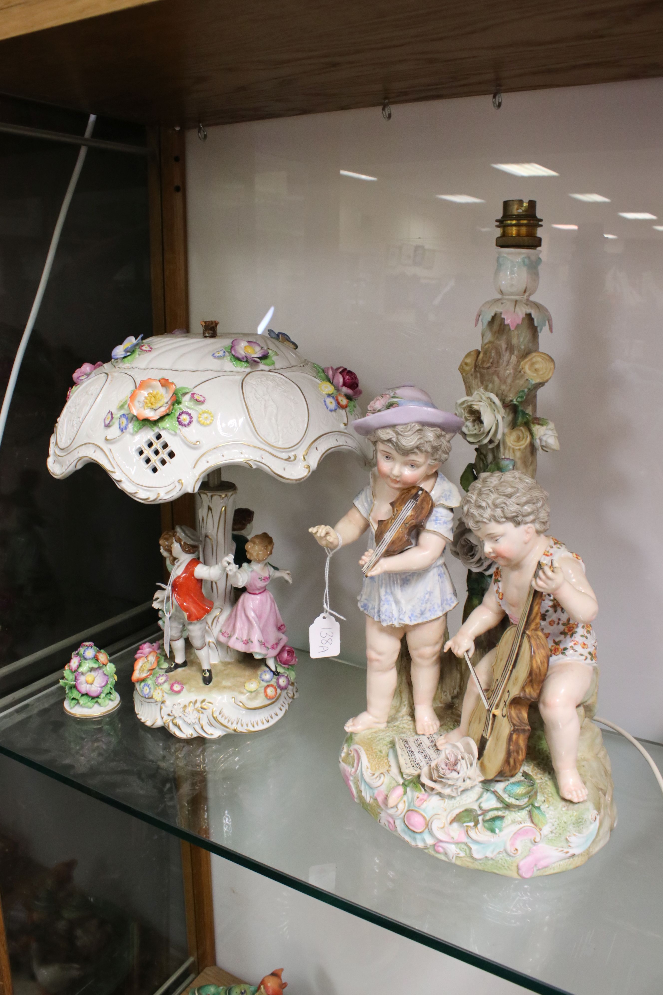 Dresden Porcelain Table Lamp in the form of Four Figures dancing around a tree, with floral