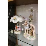 Dresden Porcelain Table Lamp in the form of Four Figures dancing around a tree, with floral