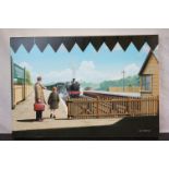 Ivan Berryman unframed contemporary oil on canvas Freshwater train station scene with figurers 28