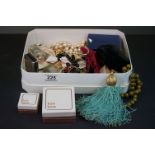 A box of mixed collectables to include costumes jewellery and military buttons.