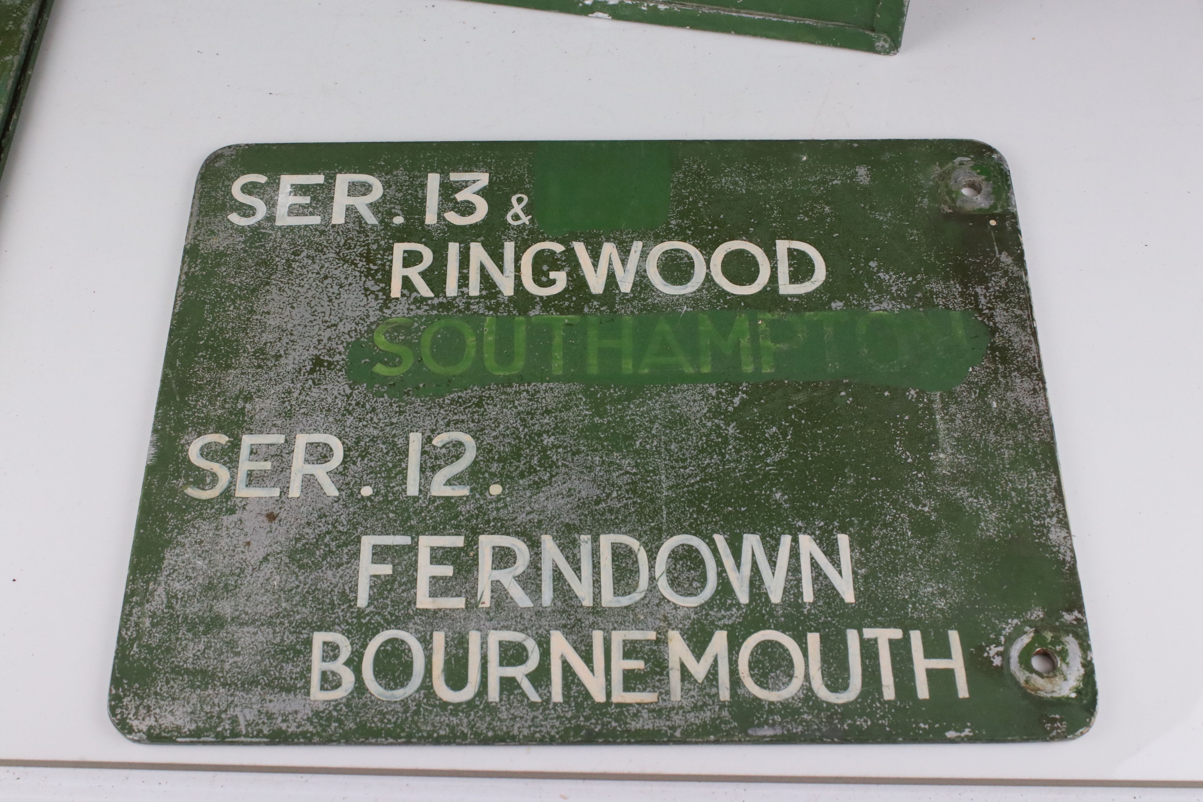 Three Mid 20th century Double Sided Metal Bus Service Signs covering Ferndown, Bournemouth, - Image 9 of 9