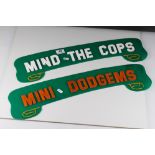 Two Retro / Mid 20th century Green Plastic Fairground / Amusements Signs - ' Mind the Cops ' and '