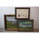 D F Browne mid 20th century oil on canvas of a grey horse Blue Boy together with a print of ducks