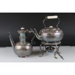 Late Victorian Silver Plated Spirit Kettle with burner and Ivory Handle, 32cms high together with