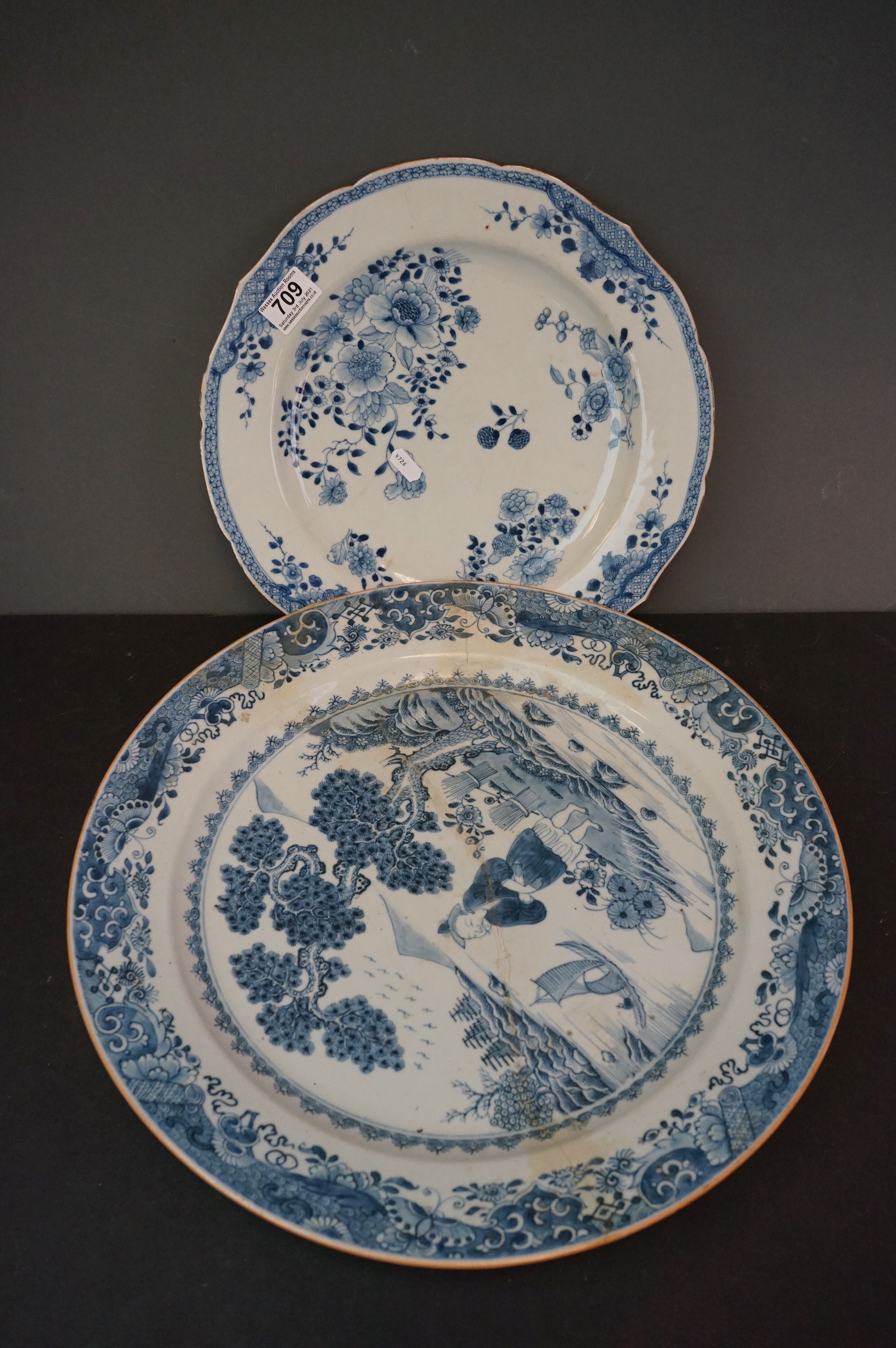 18th century Chinese Blue and White Charger, 46cms diameter together with a Chinese Blue and White