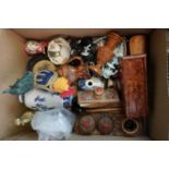 Box of mixed collectables, to include treen, Delph Bols decanter, cast brass bell, Mtarfa glass