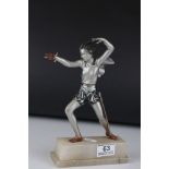 Art Deco Spelter Figurine of a Lady Fencer with a Silver colour finish, raised on a marble base,