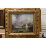 After Turner 19th century oil on canvas Continental lake scene with figures and boats mounted in
