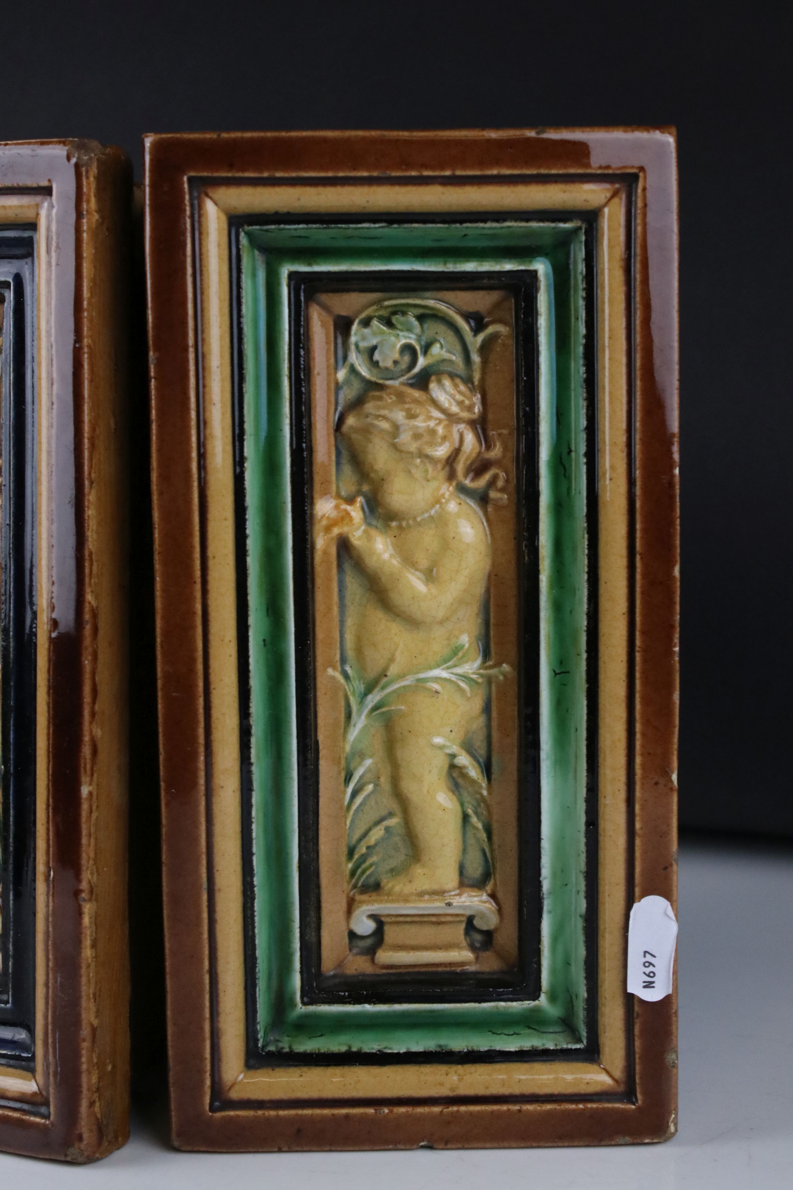 Two Majolica Brick Plaques with moulded relief decoration depicting Cherubs, each 24cms x 13cms - Image 3 of 7