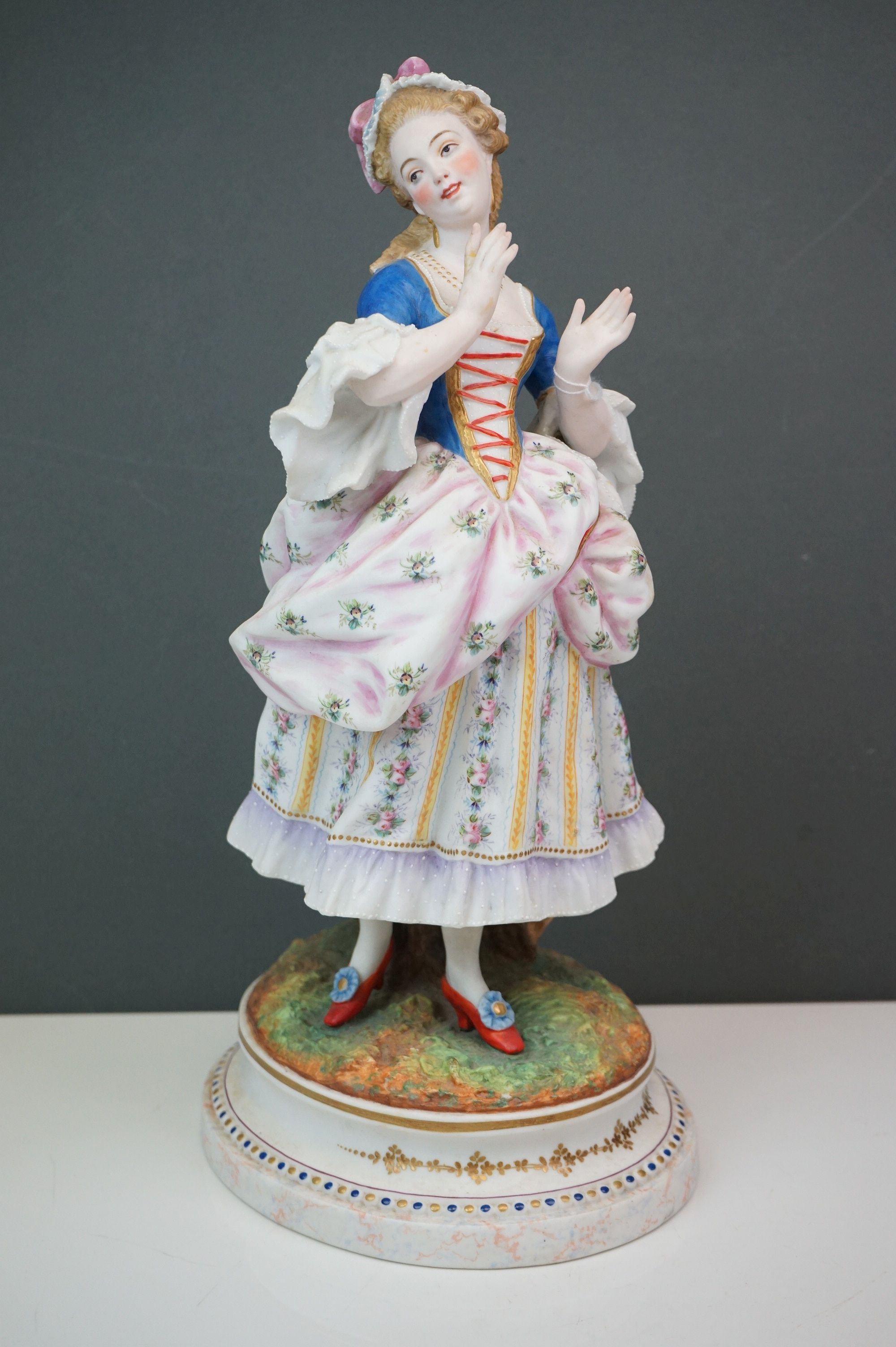 A pair of Continental bisque figures lady and gent in 18th century costume Makers mark AM 35 CM - Image 4 of 5