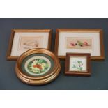 Daphne Padden two framed and glazed still lifes, fruit and feathers 4.5 x 8 cm and 5 x 6 cm