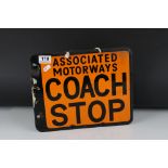 Mid 20th century Enamel Double Sided Coach Stop Sign ' Associated Motorways Coach Stop ', 33cms x