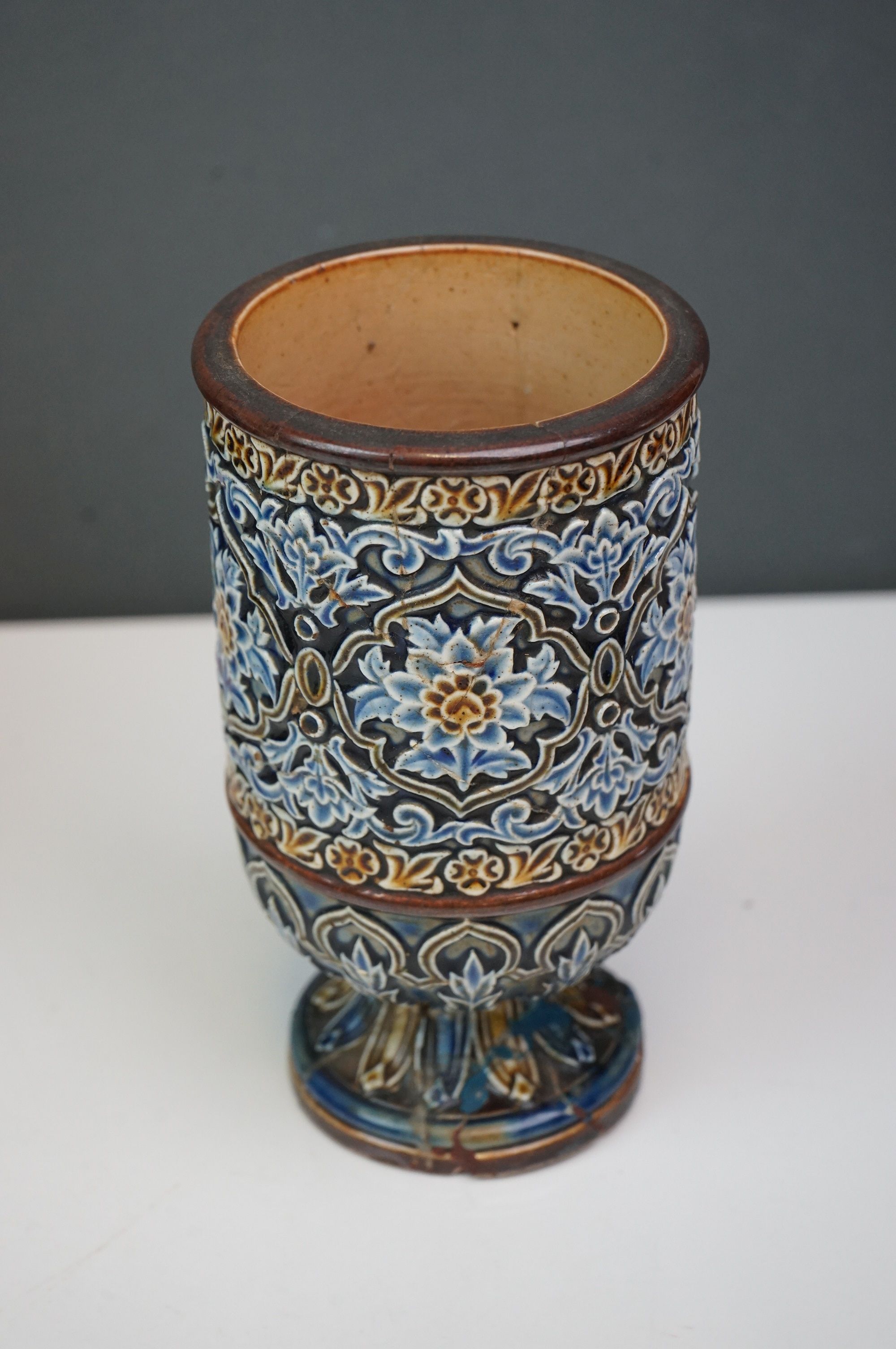 A Doulton blue ground table lamp together with a Doulton Lambeth footed vase decorator M A and a - Image 6 of 10